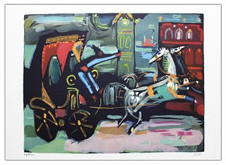 Nachum Gutman- Original Lithograph "Carriage By The Clock"