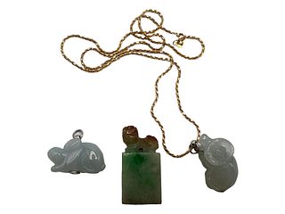 Three Jadeite Pendants and Seal, (Cow, Rabbit )