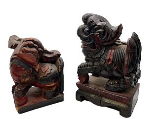 Pair of Chinese Carved Wood Foo Lions