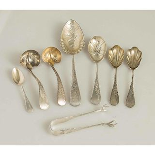 Eight Sterling Silver Serving Pieces, Engraved Wheat Pattern