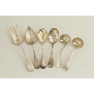 Six Sterling Silver Serving Pieces, Engraved Wheat Pattern