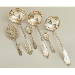 Six Silver Serving Pieces, Beaded Pattern