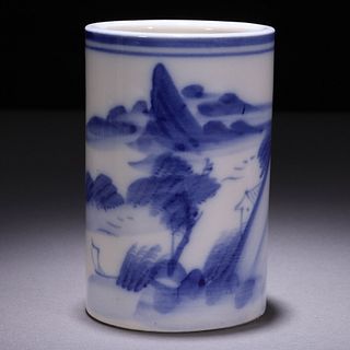 Chinese Blue & White Landscape Porcelain Brush Vase