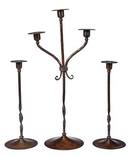 Group of Three Arts and Crafts Copper Candlesticks