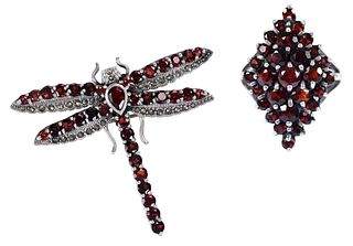 Sterling Silver Garnet and Marcasite Dragonfly Brooch/Pendant and Garnet Ring
