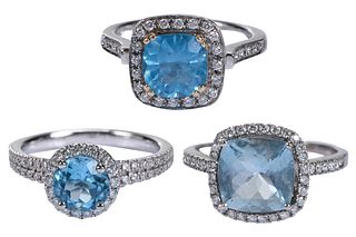 Group of Three 14kt. Diamond Halo and Blue Stone Rings