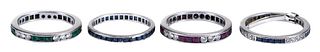 Four Platinum Stackable Rings, Blue Sapphire, Emerald, Ruby and Diamonds