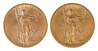 Two St. Gaudens $20 Double Eagle Gold Coins, 1908 and 1908-D