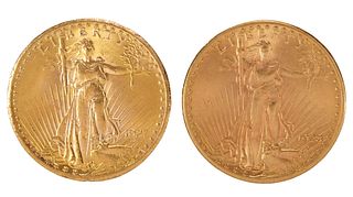 Two St. Gaudens $20 Double Eagle Gold Coins, 1927 and 1928