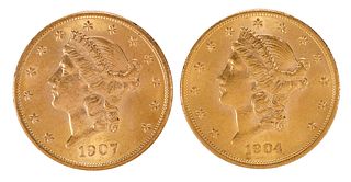 Two Liberty Head $20 Double Eagle Gold Coins, 1904 and 1907