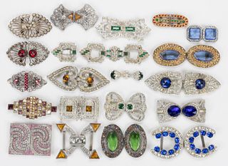 ANTIQUE / VINTAGE ART DECO AND OTHER RHINESTONE METAL BELT / DRESS BUCKLES AND DRESS CLIP, LOT OF 21