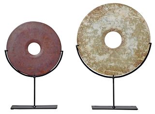 Two Chinese Jade Bi Discs on Stands