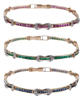 Three 14kt. Diamond and Gold Bracelets - One Blue Sapphire, One Ruby, One Emerald