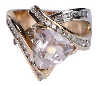 14kt. Trillion Cut Kunzite and Diamond Criss Cross Design Ring