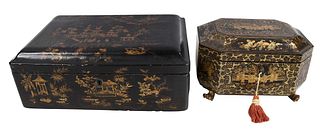 Two Chinese Export Lacquered and Gilt Decorated Boxes