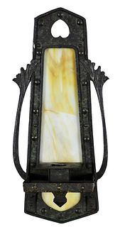 Arts and Crafts Metal and Slag Glass Candle Sconce