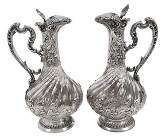 Pair of French Silver Mounted Glass Claret Jugs, Labat and Pugibet