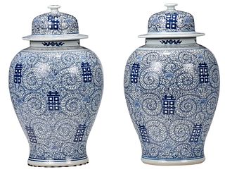 Large Pair Chinese Blue and White Lidded Porcelain Temple Jars