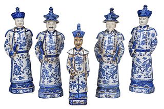Five Chinese Blue and White Porcelain Figures with Two Cases