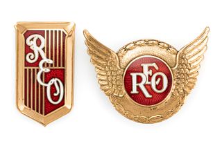 REO MOTOR CAR CO. FLYING CLOUD AUTOMOBILE / CAR / VEHICLE RADIATOR EMBLEMS, LOT OF TWO