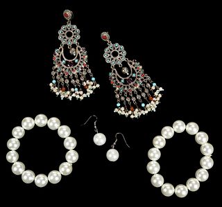 Designer Faux Gemstone Chandelier Earrings, Faux Pearl Earrings with Two Faux Pearl Bracelets 
