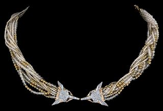 14kt. Erte Diamond, Blue Sapphire and Rock Crystal, "Fox" Necklace