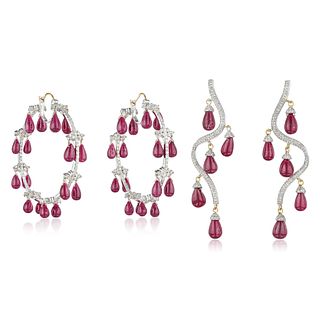 Group of Two Ruby and Diamond Earrings