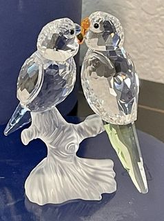 Swarovski Crystal 'Budgies' Love Birds Figurine #680627 w/COA, Box & Mirror
