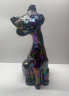 Fenton Signed Hand Painted Carnival Art Glass Cat Figure Sculpture Iridescent Purple