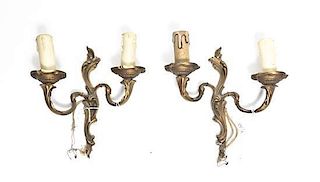 A Pair of Louis XV Style Gilt Bronze Two-Light Sconces, Height 9 inches.