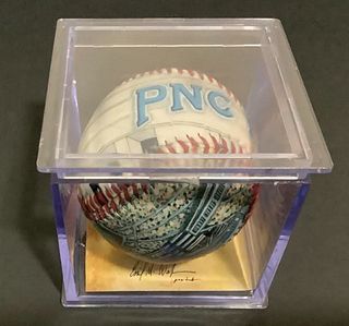HANPAINTED BASEBALL BY EMILY WOLFSON WITH DISPLAY CASE