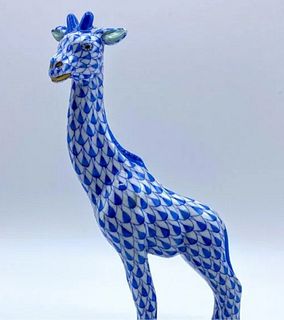 Herend Signed Large blue fishnet patterned Giraffe with 24kt gold accents