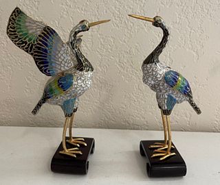 Chinese Pair of Cloisonne Crane Egret Heron Bird figurines with stand