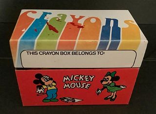 DISNEY J CHEIN TIN LITHO MICKEY AND MINNIE CRAYON HOLDER WITH SOME CRAYONS