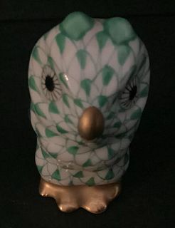 SIGNED HEREND FISHENT GREEN OWL FIGURINEwith 24k gold accents
