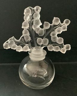 LALIQUE SIGNED CRYSTAL LILY OF THE VALLEY CLAIREFONTAINE PERFUME BOTTLE & STOPPER