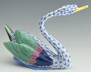  HEREND  Larger SWAN Bird Blue Fishnet Figurine
