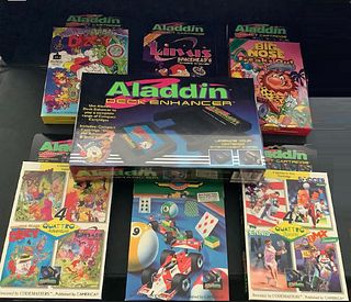 NINTENDO ALADDIN DECK ENHANCER  NES WITH BUNDLE OF 7 GAMES WIITH ORIG BOX