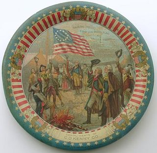 PRE PROHIBITION TIN LITHOGRAPH AMERICAN FLAG VALLEY FORGE C D KENNY TIP TRAY 