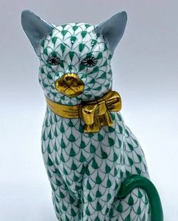 Herend Signed Large Green Fishnet pattern sitting cat with 24kt gold accents