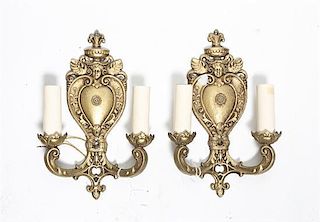 A Pair of Victorian Gilt Metal Two-Light Sconces, Height 12 3/4 inches.