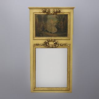 Antique French Louis XVI Style Carved Trumeau Mirror with Genre Painting, C1920