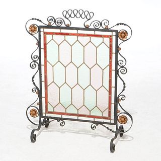 Antique Arts & Crafts Wroght Iron & Leaded Glass Fire Screen Circa 1910