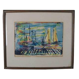 Nautical Painting "Boats at Newport Harbor", by James Congell, 20th Century