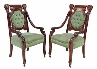 (2) VICTORIAN CARVED & UPHOLSTERED OPEN ARMCHAIRS