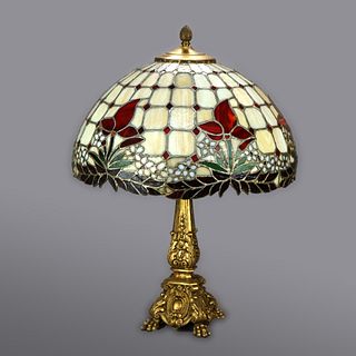 Oversized Leaded Slag Glass Table Lamp 20th C