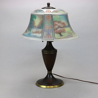 Antique Pairpoint Four Seasons Reverse Painted Table Lamp Circa 1920