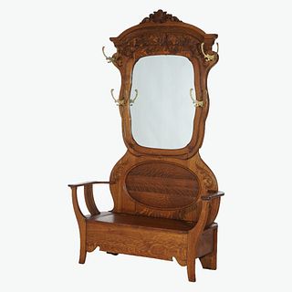 Antique Oversized R J Horner Carved Oak & Mirrored Hall Seat circa 1900