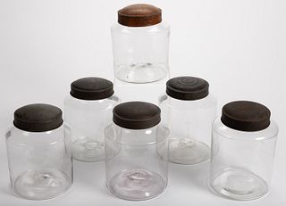 FREE-BLOWN APOTHECARY / STORAGE JARS, LOT OF FIVE