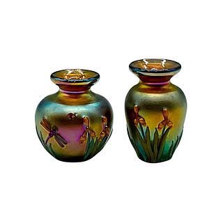 Pair of Vintage Miniature Floral Art Glass Vases, Signed